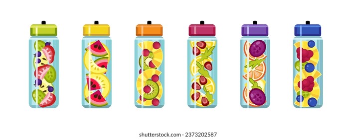 Many bottles of fresh fruit infused water on white background