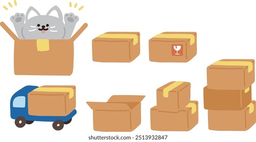 many boxes and delivery truck and surprising cat character