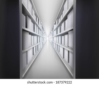 Many boxes in warehouse. Vector illustration.