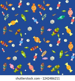 many  bright caramel sweet candies holiday pattern suger  isolated on blue background