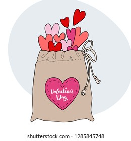 Many bright hearts that fall out of the bag. Heart Pouch. Romance concept illustration isolated on white background. Love concept. Valentines Day concept. Elements of decoration for party.