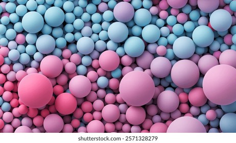 Many bright pink blue random soft balls. Huge pile of colorful smooth delicate gradient balls in various sizes. Colorful balloons wall decoration. Dynamic vibrant spheres texture. Vector background