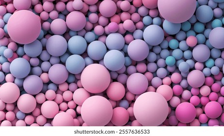 Many bright pink purple blue random soft balls. Huge pile of colorful smooth gradient balls in various sizes. Colorful balloons wall decoration. Dynamic and vibrant spheres texture. Vector background