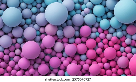 Many bright pink purple blue random soft balls. Huge pile of colorful smooth gradient balls in various sizes. Colorful balloons wall decoration. Dynamic and vibrant spheres texture. Vector background