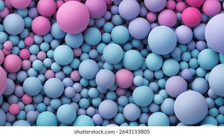 Many bright pink purple blue random soft balls. Huge pile of colorful smooth gradient balls in various sizes. Colorful balloons wall decoration. Dynamic and vibrant spheres texture. Vector background
