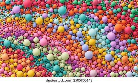 Muchas bolas suaves de color pastel brillante al azar de fondo. Fondo de bolas de colores para la zona de niños o sala de juegos para niños. Vista superior de una enorme pila de bolas de colores en diferentes tamaños. Vector de fondo