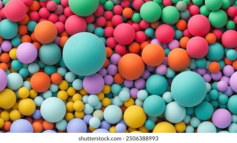 Many bright random pastel colored soft balls background. Colorful balls background for kids zone or children's playroom. Top view of huge pile of colorful balls in different sizes. Vector background