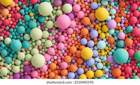 Many bright random pastel colored soft balls background. Colorful balls background for kids zone or children's playroom. Top view of huge pile of colorful balls in different sizes. Vector illustration