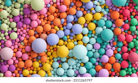 Many bright random pastel colored soft balls background. Colorful balls background for kids zone or children's playroom. Top view of huge pile of colorful balls in different sizes. Vector illustration