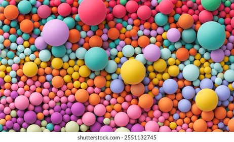 Muitos pastel aleatório brilhante colorido fundo de bolas macias. Fundo de bolas coloridas para zona de crianças ou sala de jogos de crianças. Vista superior da pilha enorme de bolas coloridas em tamanhos diferentes. Ilustração vetorial