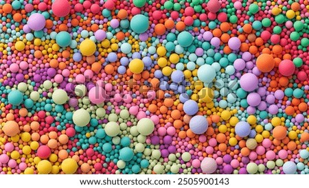 Many bright random pastel colored soft balls background. Colorful balls background for kids zone or children's playroom. Top view of huge pile of colorful balls in different sizes. Vector background