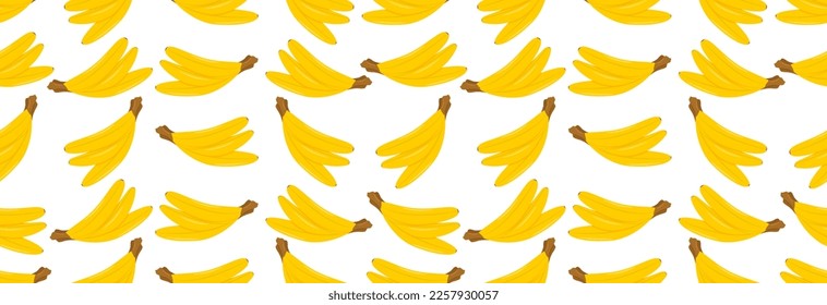 Many bright yellow bananas on a white background. Seamless pattern.