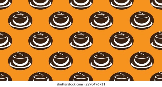 Muchas tazas de café marrón o Símbolos de tazón de sopa Patrón transparente en fondo naranja a gran escala - Plantilla de diseño en formato de vector modificable