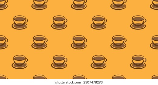 Muchos símbolos de tazas de café marrón o de tazón de sopa de varios tamaños - Patrón sin foco en fondo naranja a gran escala - Plantilla de diseño en formato vectorial editable