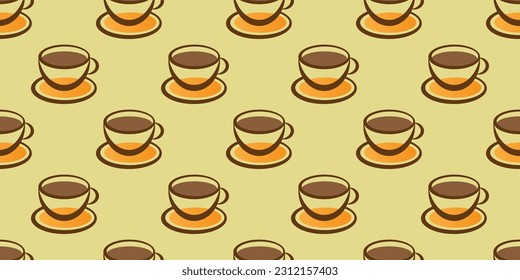 Muchos símbolos de tazas de café marrón y naranja de varios tamaños - Patrón sin foco en fondo naranja a gran escala - Plantilla de diseño en formato vectorial editable