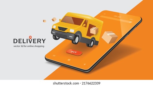 Many brown parcel boxes drifted from the yellow delivery van and all floating in mid-air on an orange smartphone screen,vector 3d for online shopping,delivery,transport advertising concept design