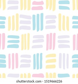 Many brushstrokes. Vector seamless pattern in scandinavian style. Yellow, blue, pink, purple. Handdrawn with paintbrush. For printing on fabric paper. Simple abstract graphic surface pattern design.

