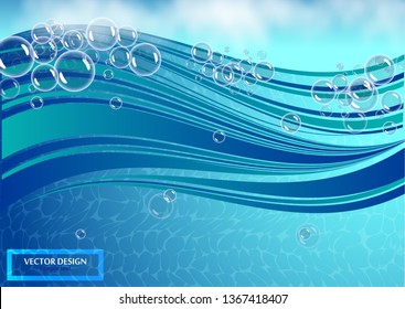 Many bubbles in clear bright water. Abstract wave, underwater background, fluffy clouds. Vector illustration for your flyer design, banner.