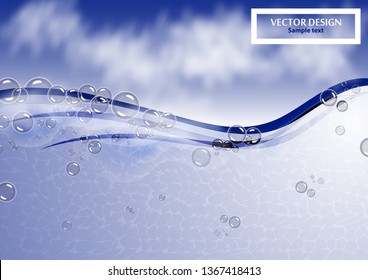 Many bubbles in clear bright water. Abstract wave, underwater background, fluffy clouds. Vector illustration for your flyer design, banner.