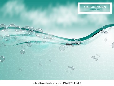 Many bubbles in clear bright water. Abstract wave, underwater background, fluffy clouds. Vector illustration for your flyer design, banner.