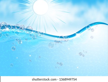 Many bubbles in the transparent light water on the background of the sun. Abstract wave, underwater background, fluffy clouds. Vector illustration for your flyer, banner design.