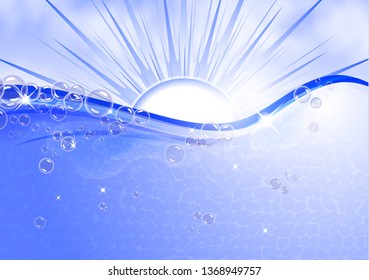 Many bubbles in the transparent light water on the background of the sun. Abstract wave, underwater background, fluffy clouds. Vector illustration for your flyer, banner design.