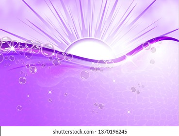 Many bubbles in the transparent light water on the background of the sun. Abstract wave, underwater background, fluffy clouds. Vector illustration for your flyer, banner design.