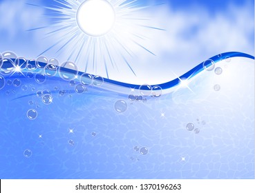 Many bubbles in the transparent light water on the background of the sun. Abstract wave, underwater background, fluffy clouds. Vector illustration for your flyer, banner design.