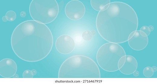 Muitas bolhas de vários tamanhos em um fundo azul claro. bolhas de água grandes e pequenas.