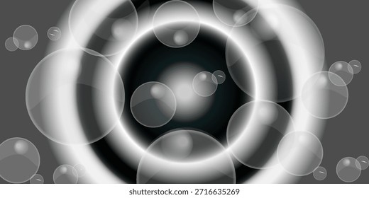 Many bubbles of various sizes on a black and white background. Large and small water bubbles. circle background.