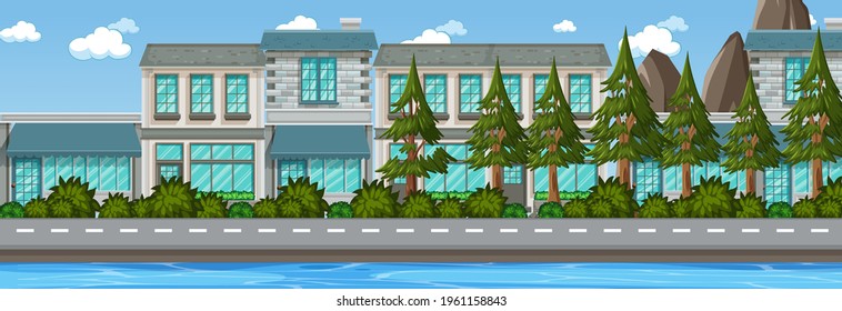 Many buildings along the street horizontal scene at day time illustration