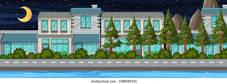 Many buildings along the street horizontal scene at night time illustration