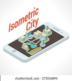 Many buildings atop isometric smarthpone.