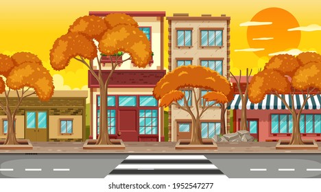 Many buildings in the town scene at sunset time illustration