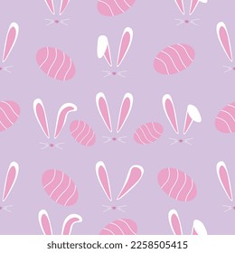 Many bunny ears and Easter eggs on lilac background. Pattern for