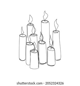 Many burning candles one line art. Continuous line drawing of halloween theme, comfort, romance, gothic.