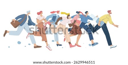 Many business men and women running in a competition at work, Symbol of intense competition in business, Ability, Motivation and leadership, Flat vector design illustration.
