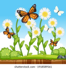 Many butterflies with many flowers in the garden scene illustration