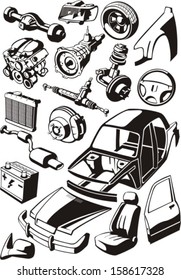 many car parts silhouettes set