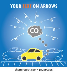 Many cars , Co 2 and arrows on road,Vector