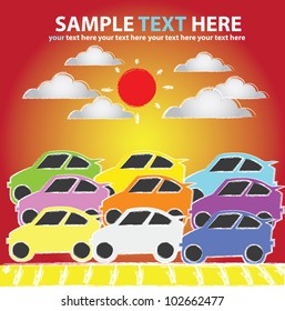 Many cars colorful and sun,Vector