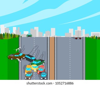 Many cars crashed on the road. Vector illustration