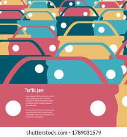 Many cars of different colors. Road congestion. Traffic jams. Automotive sharp or pattern.