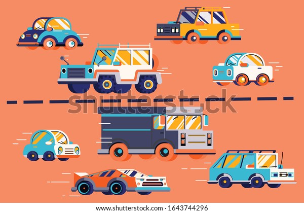 Many cars move along the multi-lane road in two\
directions: sedan, hatchback, station wagon, van, SUV, mini car,\
sports car. Urban road traffic concept. Flat vector illustration in\
bright trend colors
