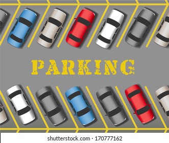 Many cars parked in store or business parking lot filling all the spaces