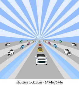 Many cars are running on the longest road. With a white and blue horizon as the background