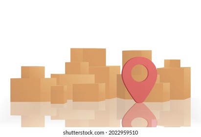 Many carton boxes and different size on the ground with location symbol. Vector Illustration EPS10.