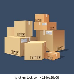 Many cartons,boxes of different size, pile of package. Packing material, sealed boxes isolated on dark background. Vector illustration in flat style.