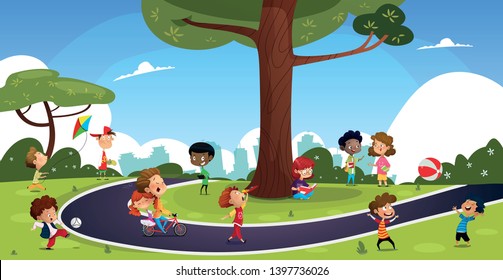 Many cartoon children play in the summer park. Illustration of happy kids playing in playground.Vector set with children.
