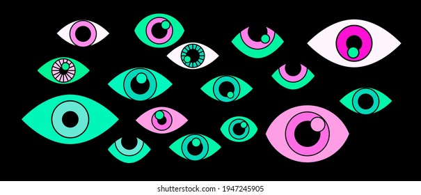 Many cartoon eyes stare out of the darkness. A conceptual illustration of paranoia, surveillance, and the theme of privacy.